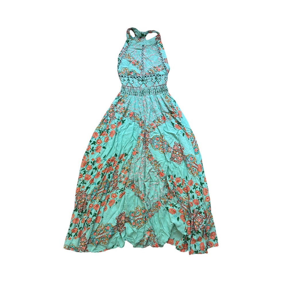 Jase Maxi Dress Womens Mint Green Floral Paisley Crochet Halter SIZE XS